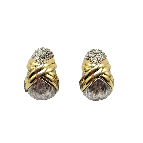 Oscar De La Renta Clip On Earrings Textured Silver Gold Tone Half Hoop Twist - Picture 1 of 5